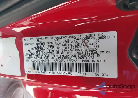 2007 Toyota Tacoma X-Runner z USA, uszkodzony, nr VIN 5TETU22N27Z386758